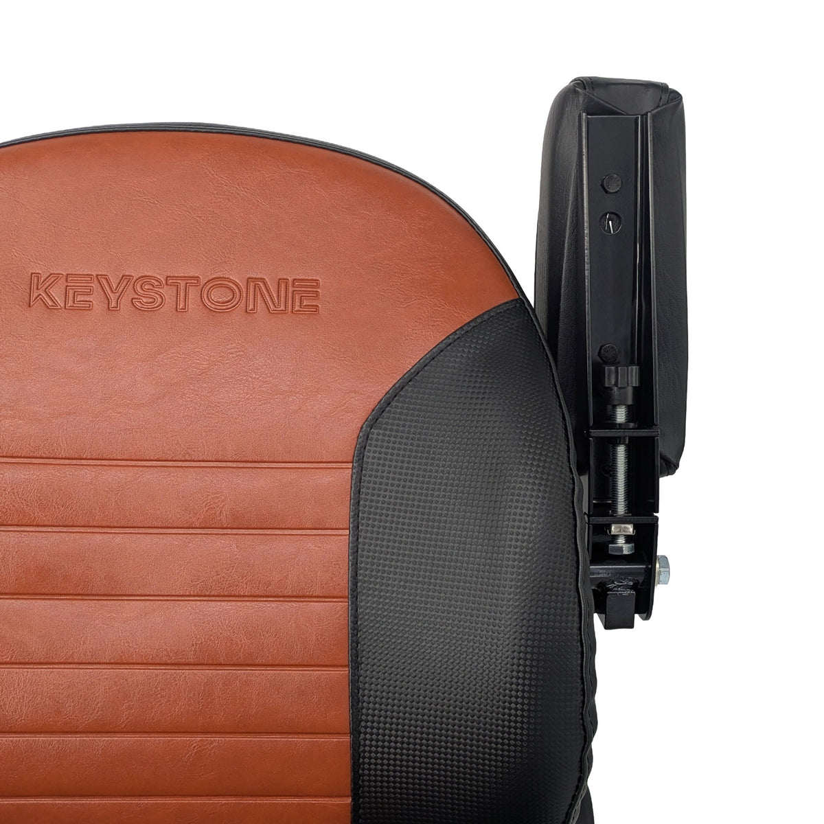 Keystone Seats Comfort Plus Black and Brown — Raised armrest mechanism with full Keystone logo