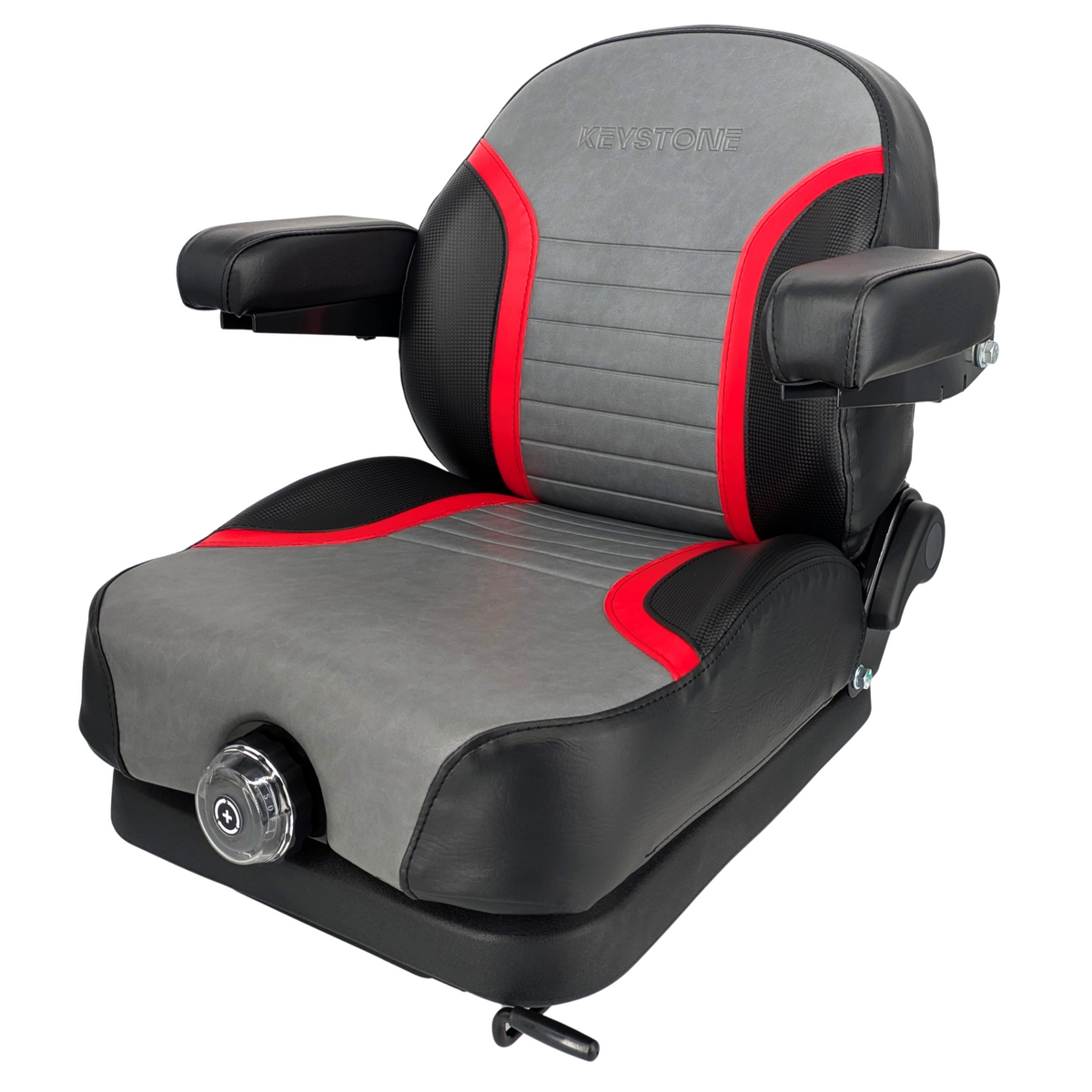 Keystone Seats Comfort Elite Suspension Seat, Black, Gray, & Red - Zero-Turn Mowers & Tractors Weight Adjustment - Exmark Ferris Hustler Gravely Bad Boy Kubota Toro