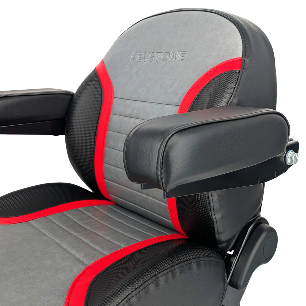 Keystone Seats Comfort Elite Suspension Seat, Black, Gray, & Red - Zero-Turn Mowers & Tractors Weight Adjustment - Exmark Ferris Hustler Gravely Bad Boy Kubota Toro