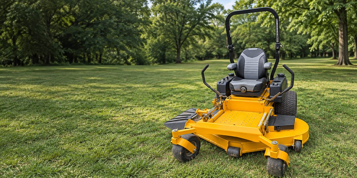 Comfort Elite High-Back seat mounted on a yellow zero-turn mower on a lawn